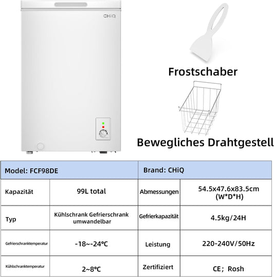 CHiQ 99L Compact Chest Freezer with Adjustable Thermostat Control White