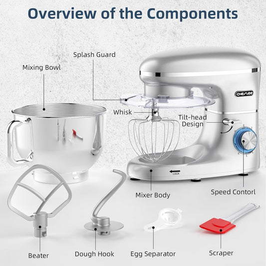 CHeflee 2000W Electric Stand Mixer with 6.5 Quart Steel Bowl