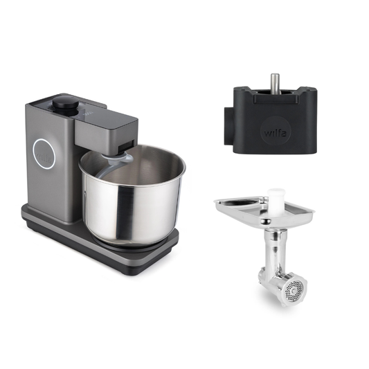 Wilfa Küchenmaschine Probaker Timer KM2GY-T70 grau+ Tool Adapter + Messerschmidt Edelstahlfleischwolf