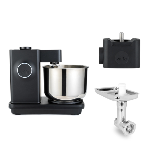 Wilfa Küchenmaschine Probaker Timer KM2BS-T70 schwarz + Tool Adapter + Messerschmidt Edelstahlfleischwolf