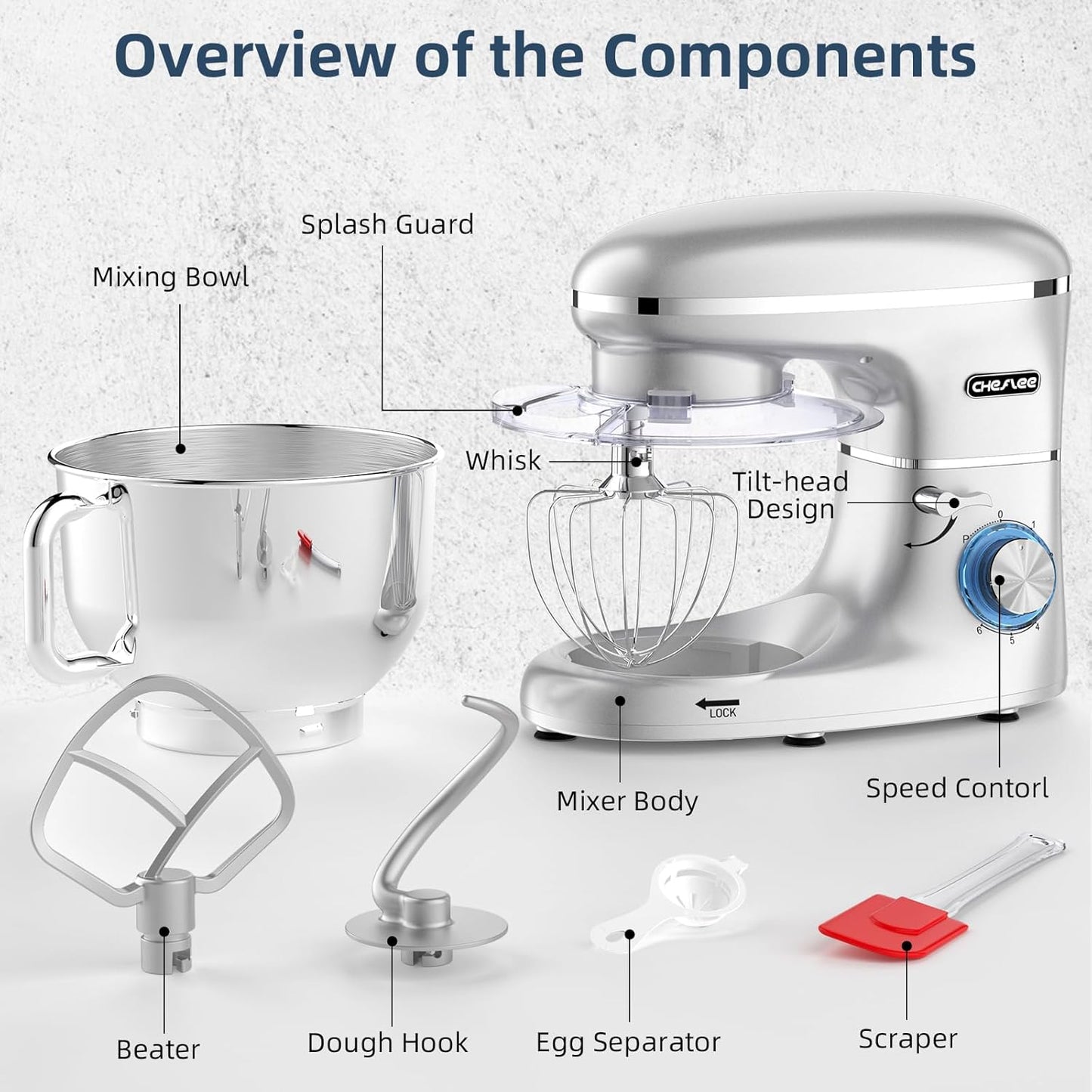 CHeflee 2000W Electric Stand Mixer with 6.5 Quart Steel Bowl