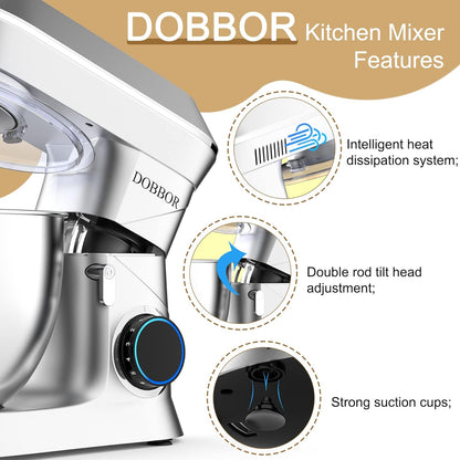 DOBBOR 1500W Stand Mixer 10 Quart Planetary Food Processor Silver