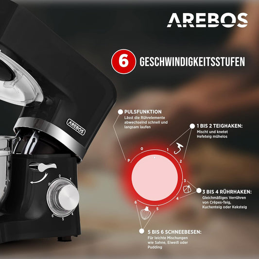 Arebos 1500W Tilt-Head Stand Mixer with Dual Stainless Steel Bowls
