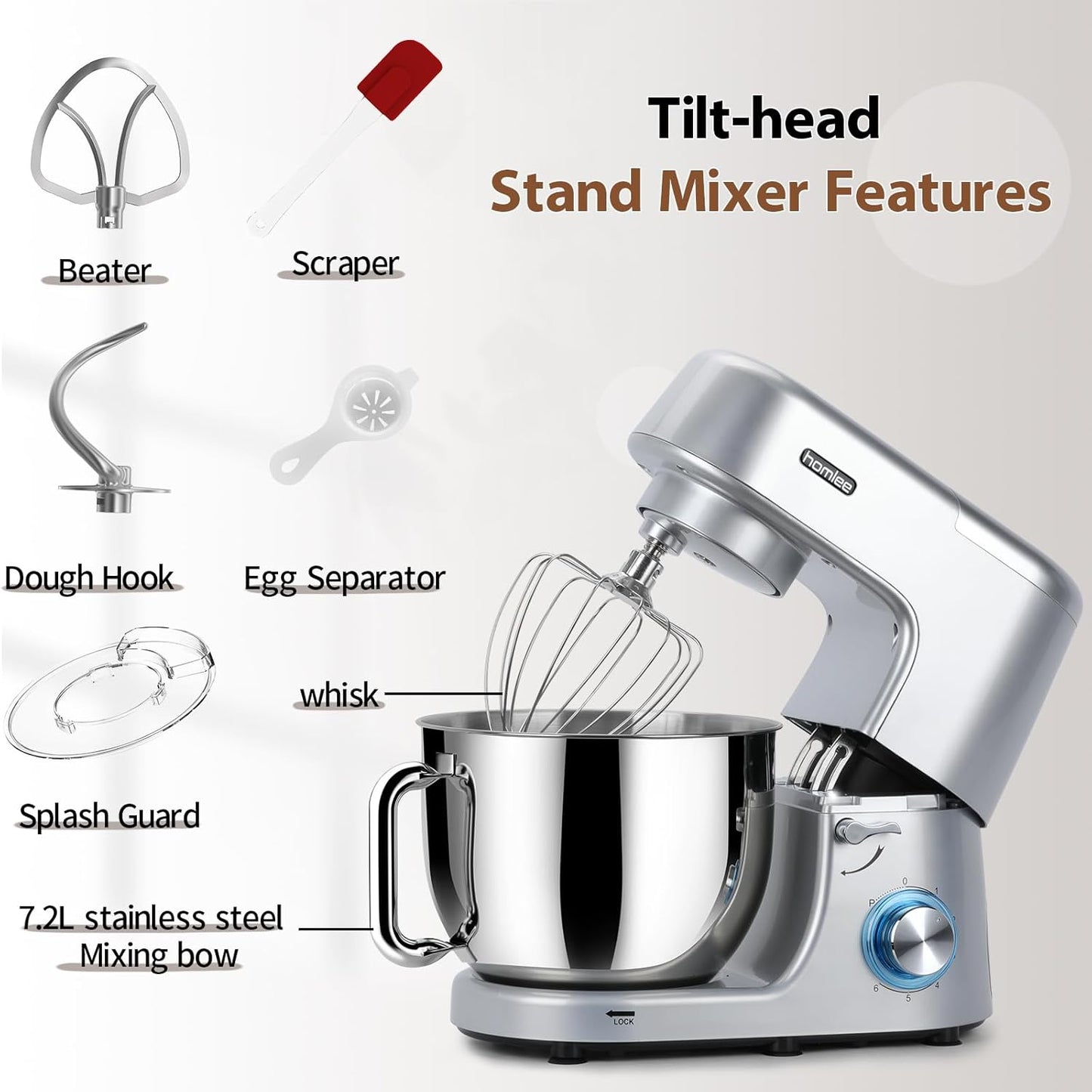 Homlee 1800W Professional Stand Mixer with 7.6 Quart Stainless Bowl