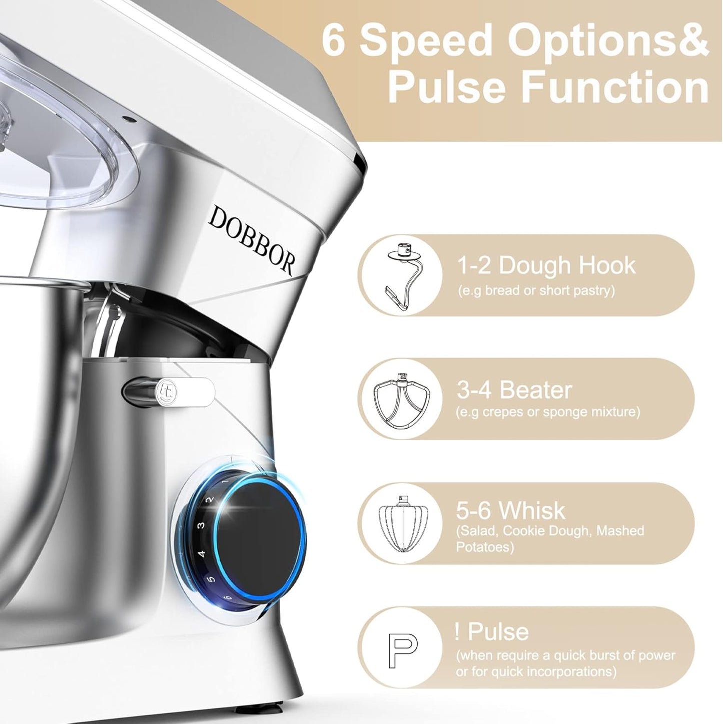 DOBBOR 1500W Stand Mixer 10 Quart Planetary Food Processor Silver