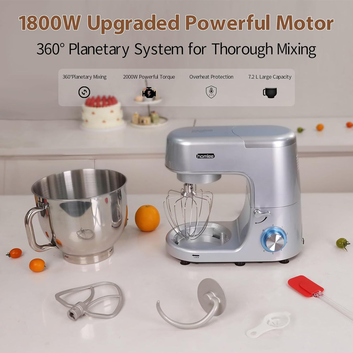 Homlee 1800W Professional Stand Mixer with 7.6 Quart Stainless Bowl