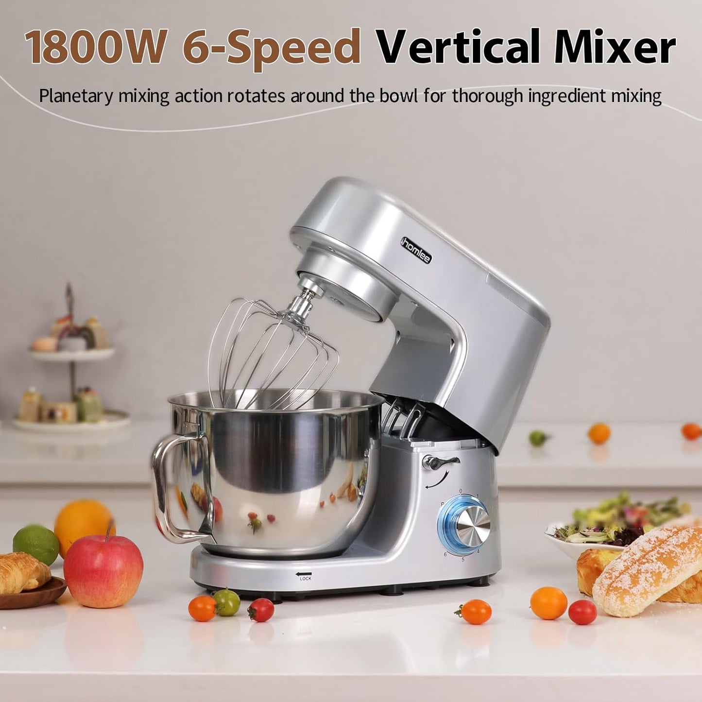 Homlee 1800W Professional Stand Mixer with 7.6 Quart Stainless Bowl