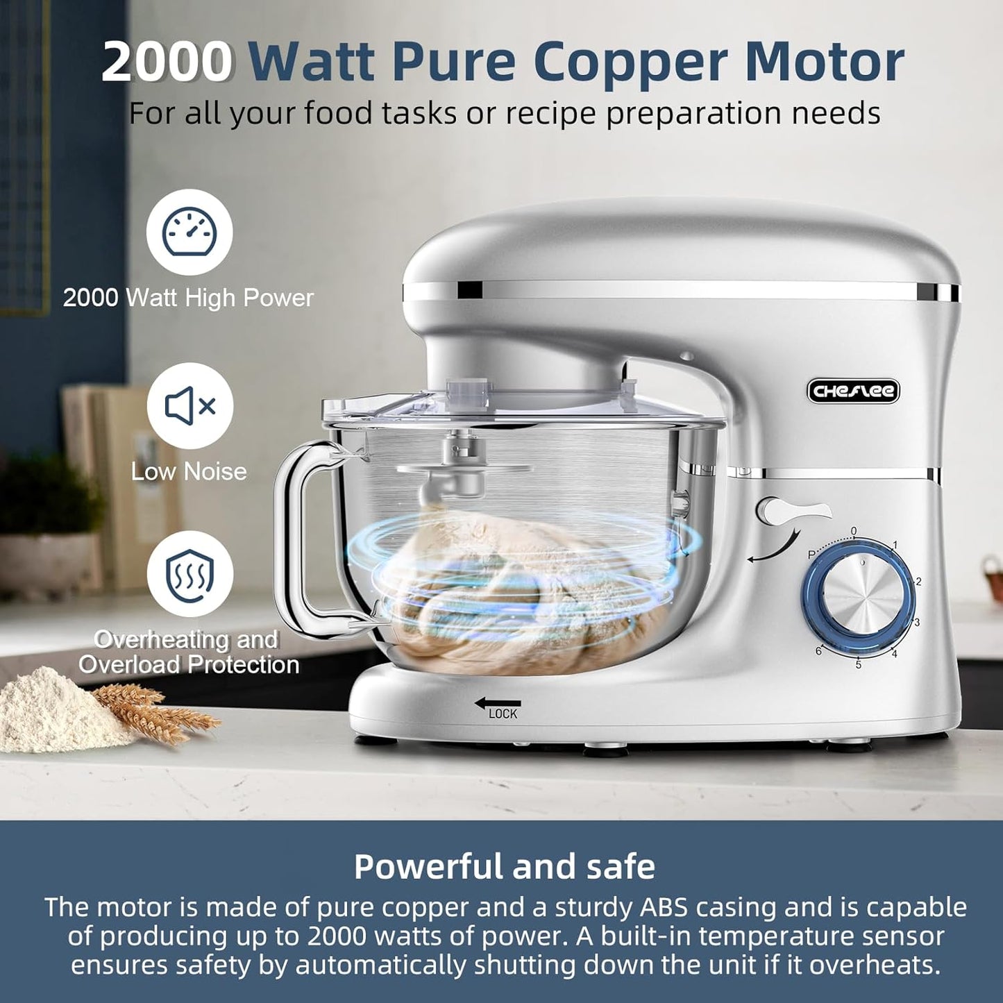 CHeflee 2000W Electric Stand Mixer with 6.5 Quart Steel Bowl