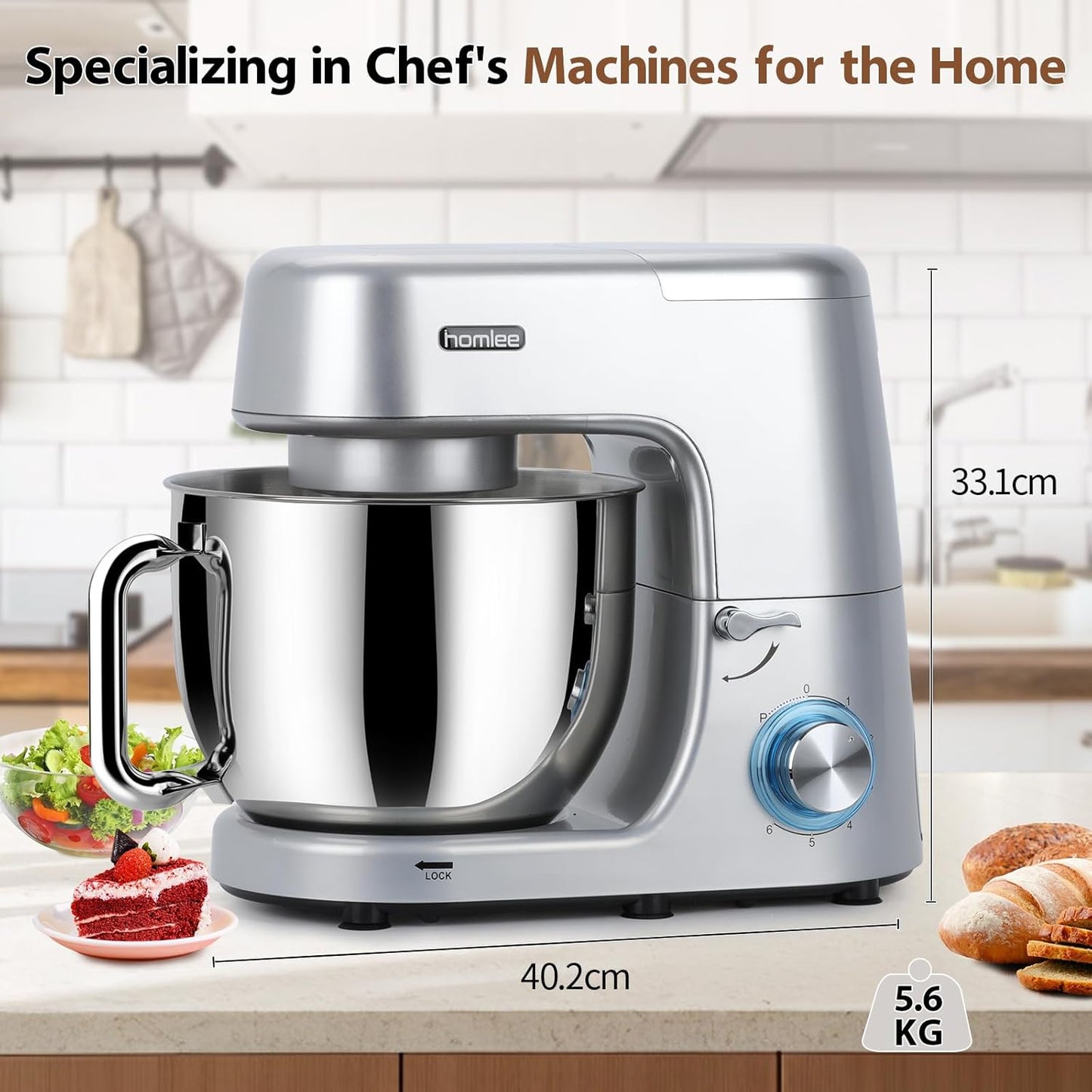 Homlee 1800W Professional Stand Mixer with 7.6 Quart Stainless Bowl