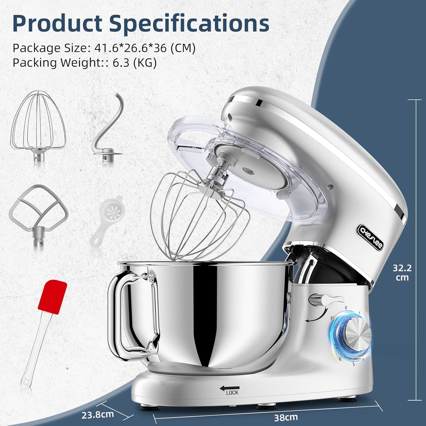 CHeflee 2000W Electric Stand Mixer with 6.5 Quart Steel Bowl