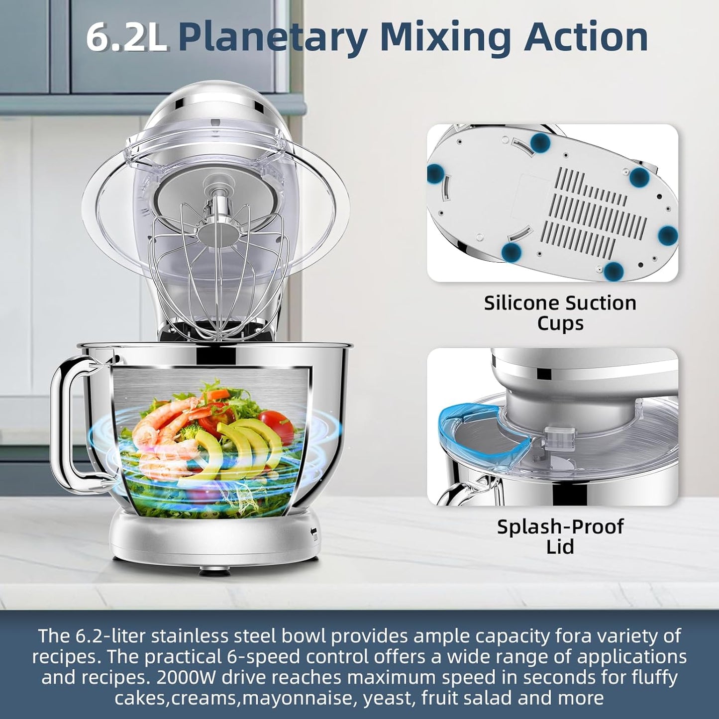 CHeflee 2000W Electric Stand Mixer with 6.5 Quart Steel Bowl