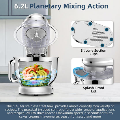 CHeflee 2000W Electric Stand Mixer with 6.5 Quart Steel Bowl