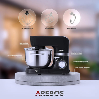 Arebos 1500W Tilt-Head Stand Mixer with Dual Stainless Steel Bowls