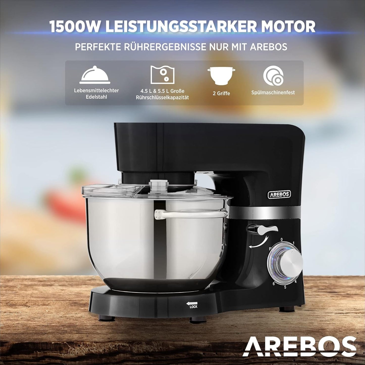 Arebos 1500W Tilt-Head Stand Mixer with Dual Stainless Steel Bowls