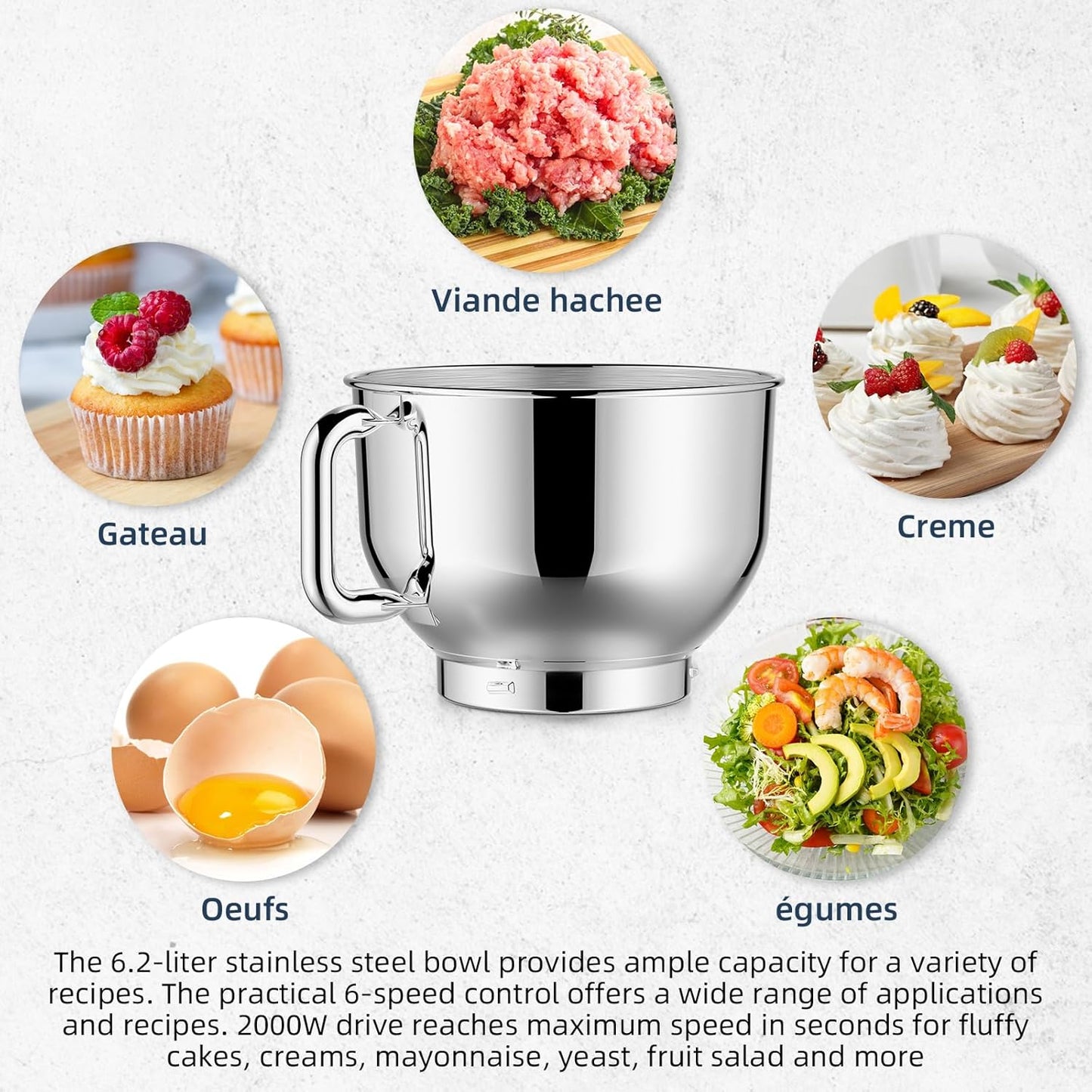 CHeflee 2000W Electric Stand Mixer with 6.5 Quart Steel Bowl