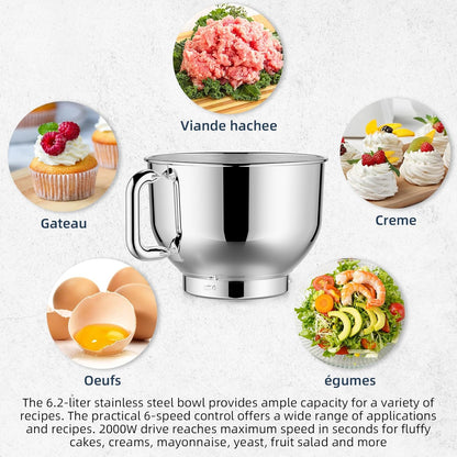 CHeflee 2000W Electric Stand Mixer with 6.5 Quart Steel Bowl